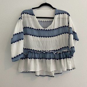 SHEIN White and Blue Ruffle Peplum Long Sleeve Top